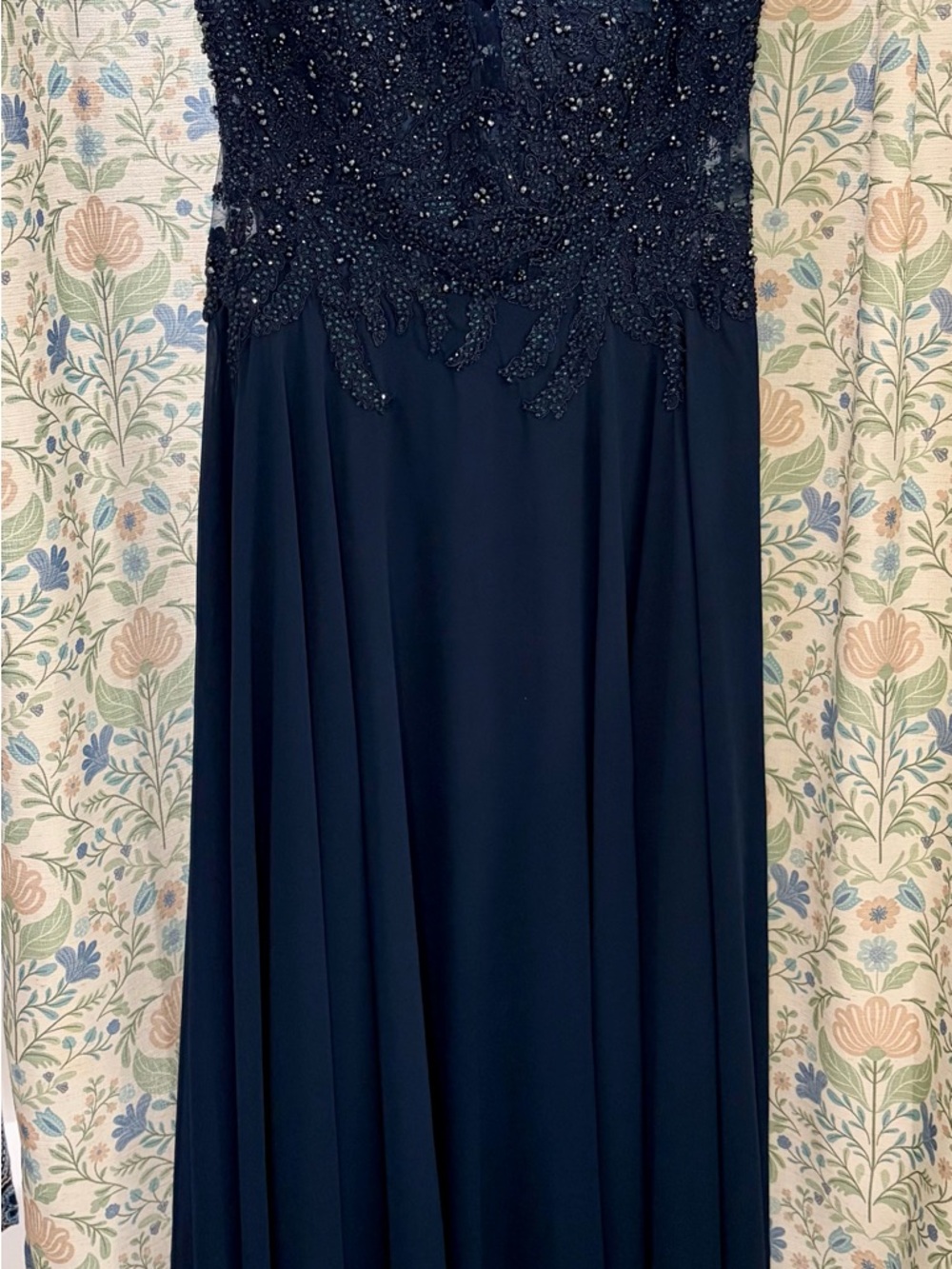 Elegant Beaded Navy Evening Gown - Women's Dress